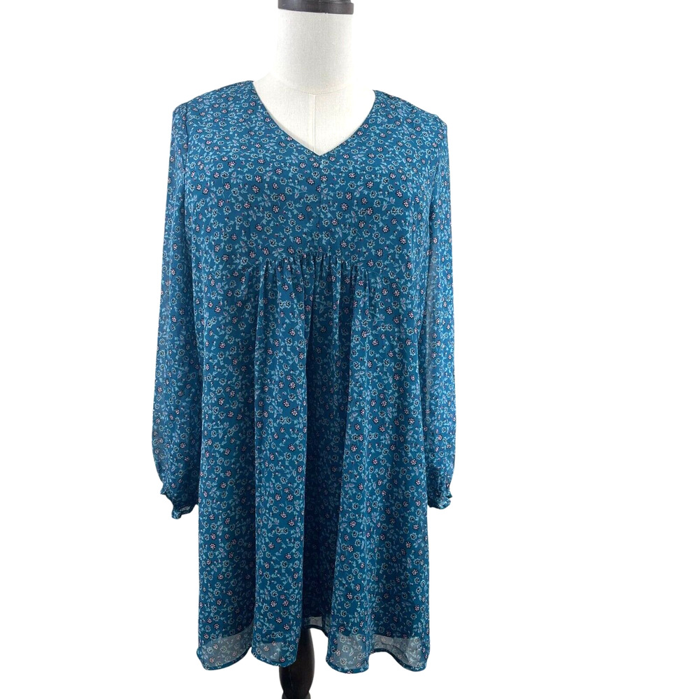 Long Sleeve Teal Peasant Dress Sz L Tunic Blue Floral Ruffle Fairy Cottage Boho